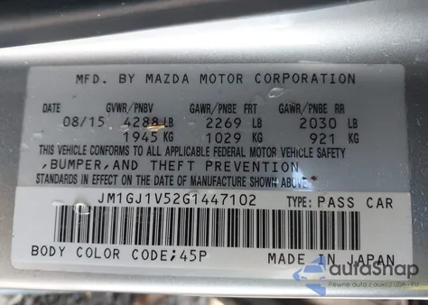 2016 Mazda Mazda6 I Touring z USA, uszkodzony, nr VIN JM1GJ1V52G1447102